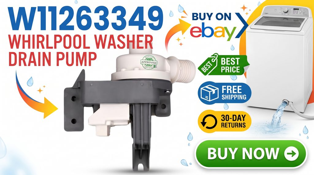 Colorful selling thumbnail for the W11263349 Whirlpool washer drain pump, highlighting eBay purchase, best price, free shipping, 30-day returns, and a Buy Now call to action.