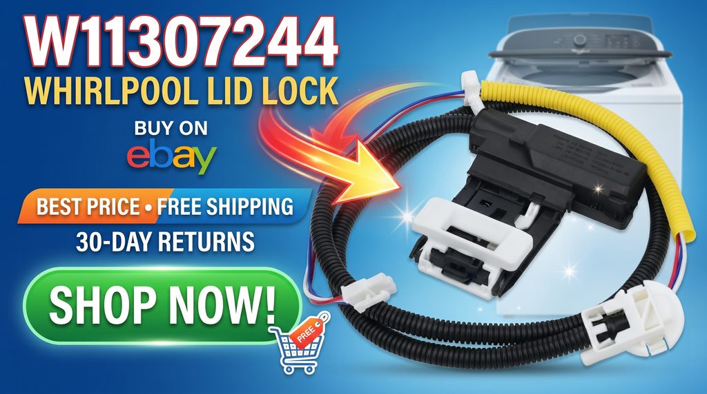W11307244 Whirlpool Washer Lid Lock Switch, highlighting replacement parts, eBay shopping, best price, free shipping, 30-day returns, and a clear Shop Now call-to-action.