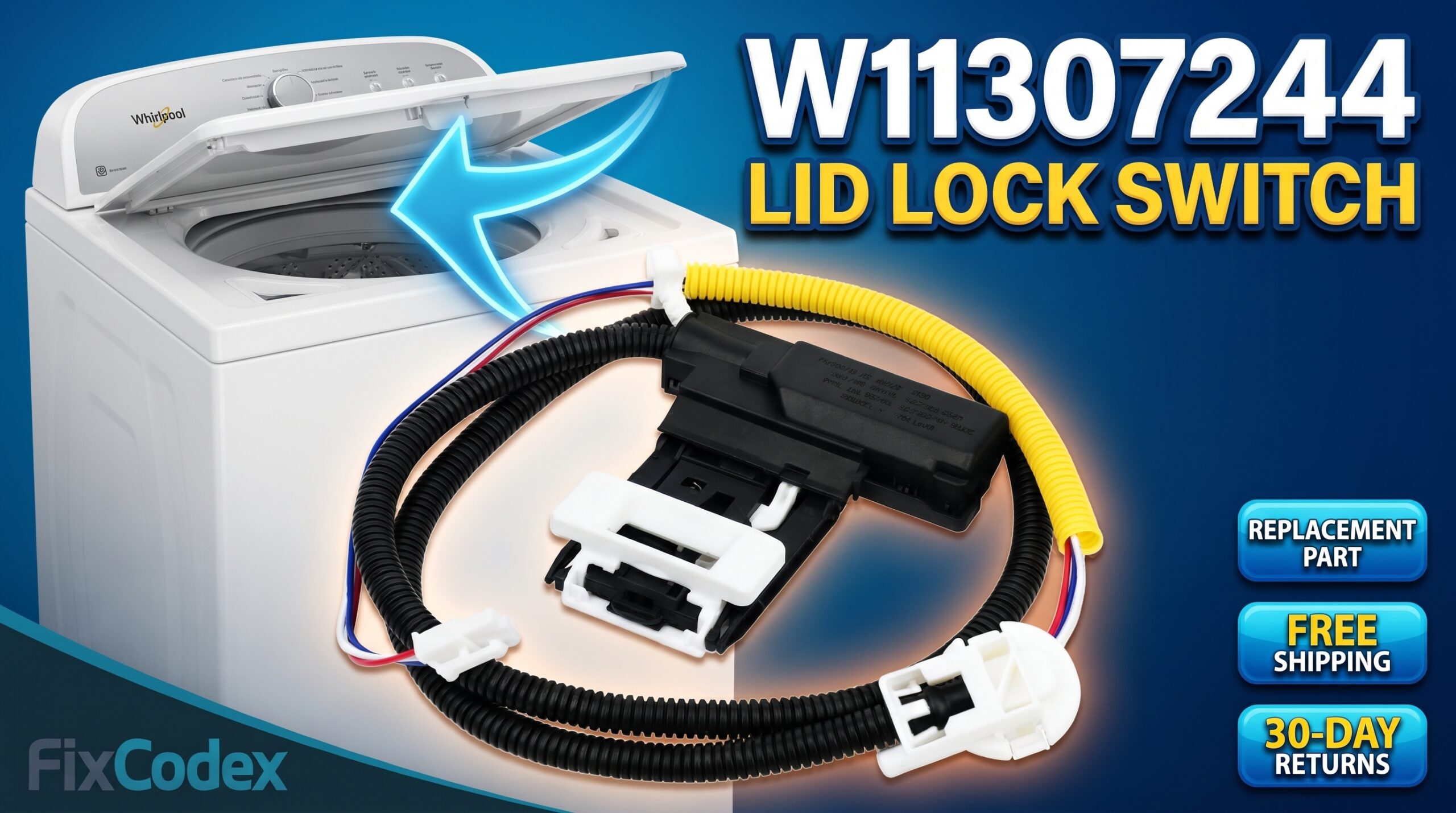 W11307244 Whirlpool washer lid lock switch replacement part with compatible lid lock part numbers W10648080, W10810403, and W11449840.