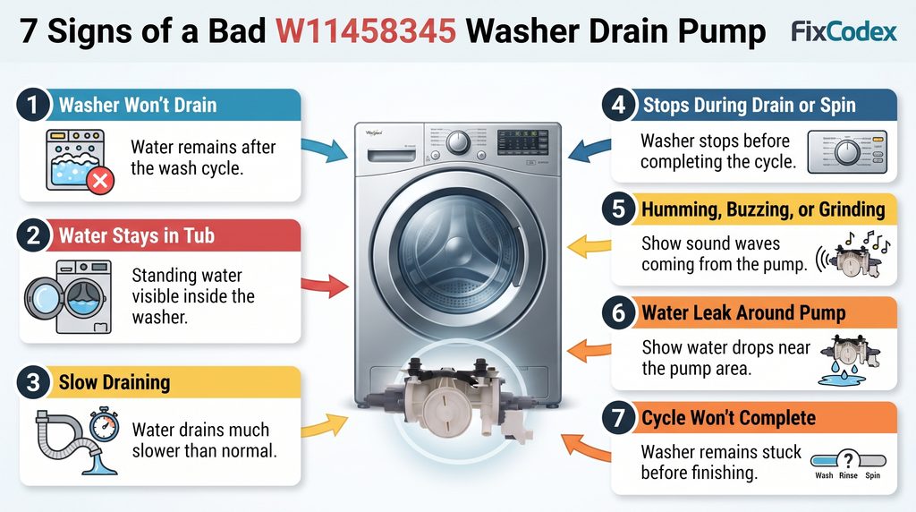 7 common signs of a potentially faulty W11458345 washer drain pump, including failure to drain, standing water, slow draining, cycle interruptions, unusual pump noises, leaks, and incomplete wash cycles.
