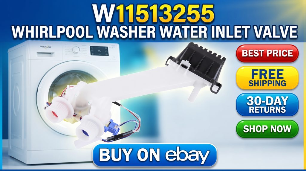 W11513255 Whirlpool washer water inlet valve, with Buy on eBay, Best Price, Free Shipping, 30-Day Returns, and Shop Now messaging.