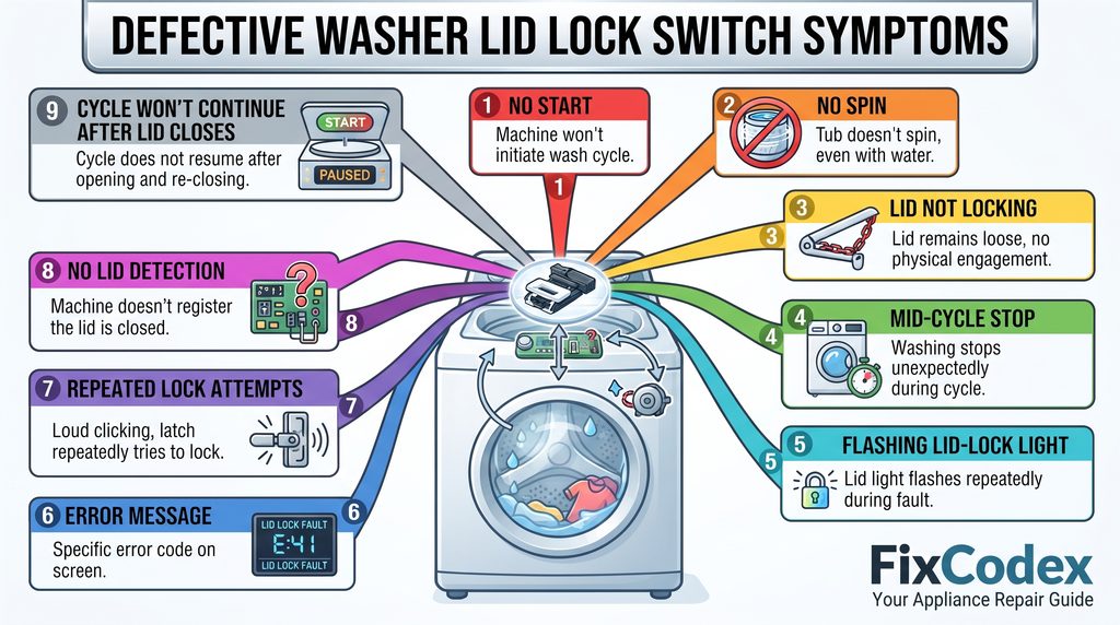 A colorful labeled diagram showing common symptoms of a defective or damaged washer lid lock switch.
