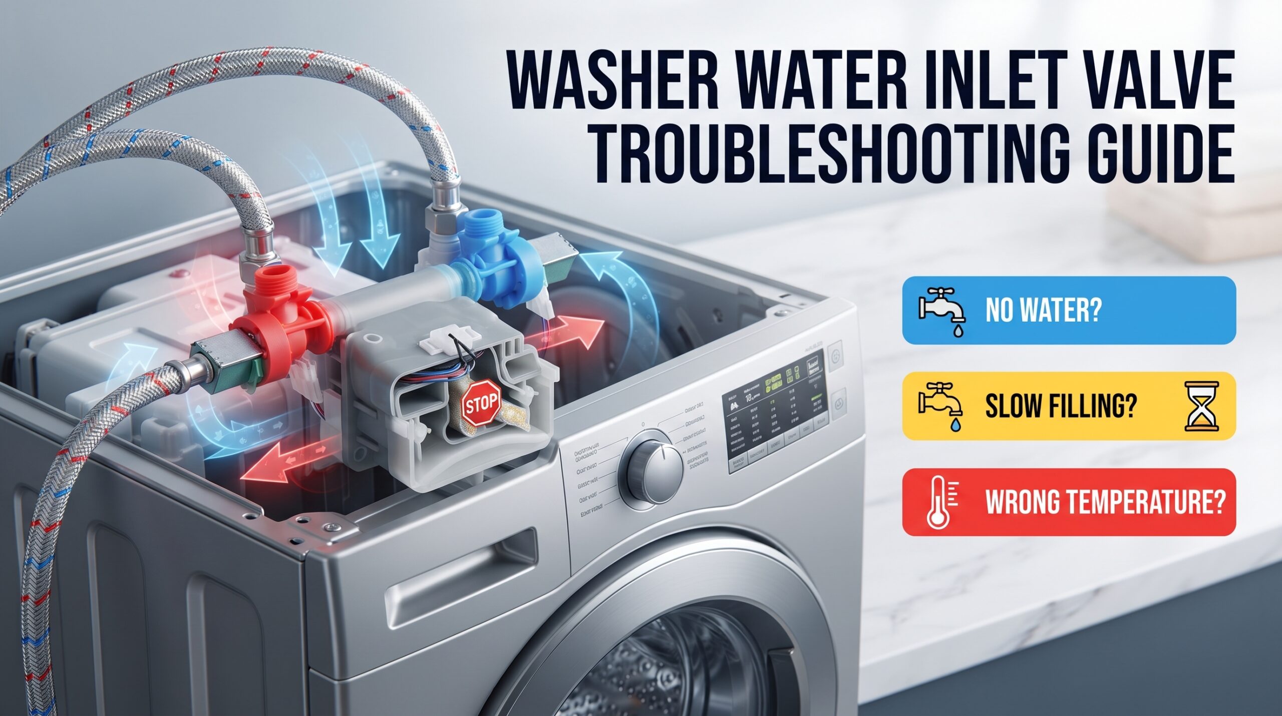Washer water inlet valve troubleshooting guide for no fill and slow filling problems