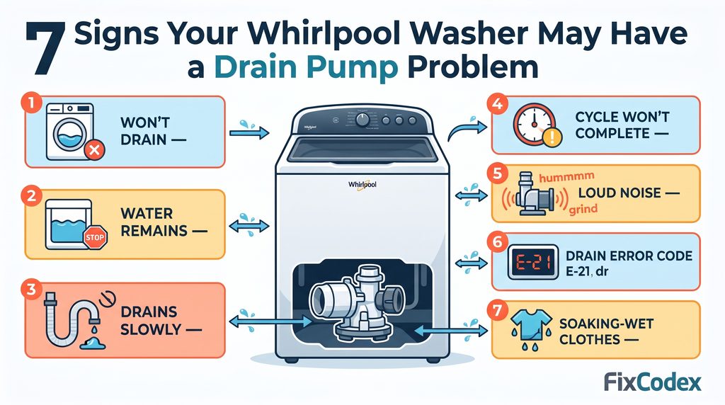 Colorful troubleshooting diagram showing 7 common signs of a Whirlpool washer drain pump problem, including failure to drain, slow draining, water remaining in the tub, incomplete drain or spin cycles, unusual pump noise, drain error codes, and soaking-wet clothes.