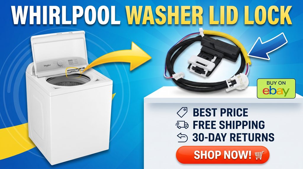 High-click Whirlpool washer lid lock thumbnail featuring popular replacement part numbers W11307244, W10682535, W11414731, W11513248, W11457841, W11091027, W10810403, W10619844, and W10059230, with Best Price, Free Shipping, 30-Day Returns, and Shop Now! callouts for eBay shoppers.