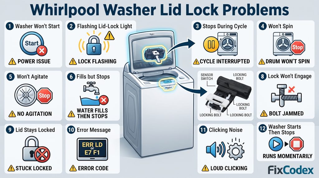 Whirlpool washer repair infographic showing common symptoms of a faulty or malfunctioning lid lock, including starting, spinning, agitation, cycle stopping, lid detection, locking problems, error messages, and unusual clicking sounds.
