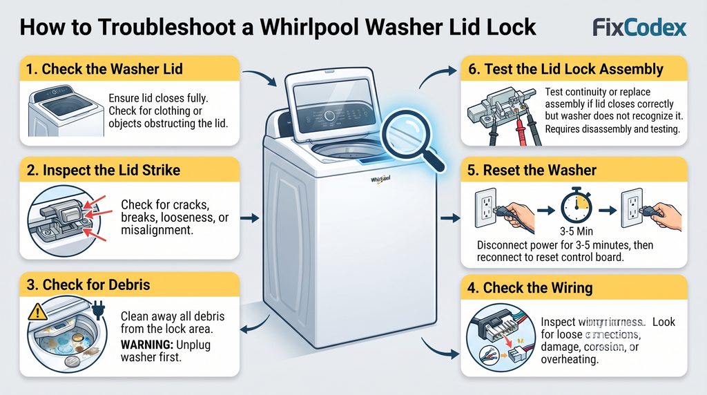 Colorful Whirlpool washer troubleshooting diagram showing six steps to diagnose a lid-lock problem: checking the washer lid, inspecting the lid strike, removing debris, checking wiring and connectors, resetting the washer, and testing the lid lock assembly.