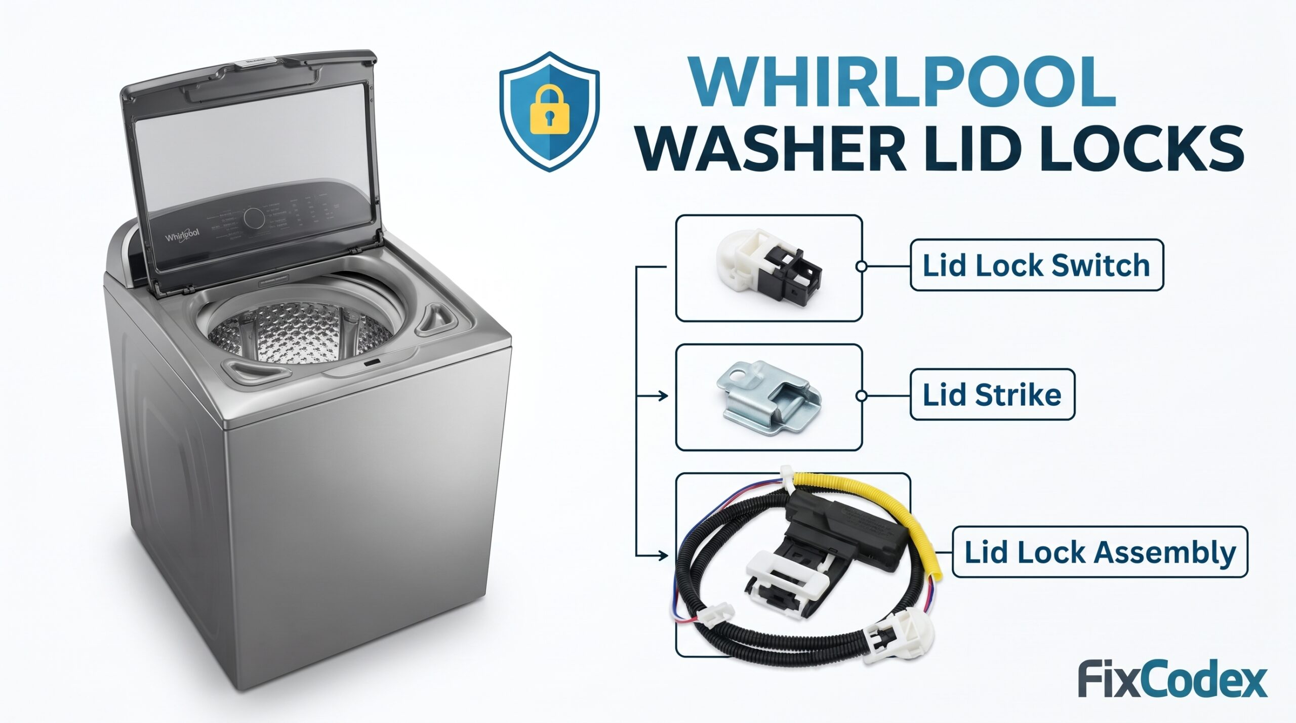 Whirlpool washer lid locks, including lid lock switch, lid strike, and lid lock assembly