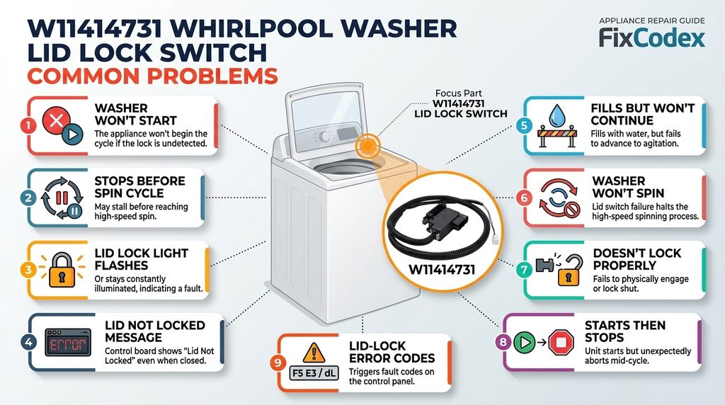 common symptoms of a defective W11414731 Whirlpool washer lid lock switch, including a washer that will not start or spin, lid-lock problems, cycle interruptions, and lid-lock-related error codes.