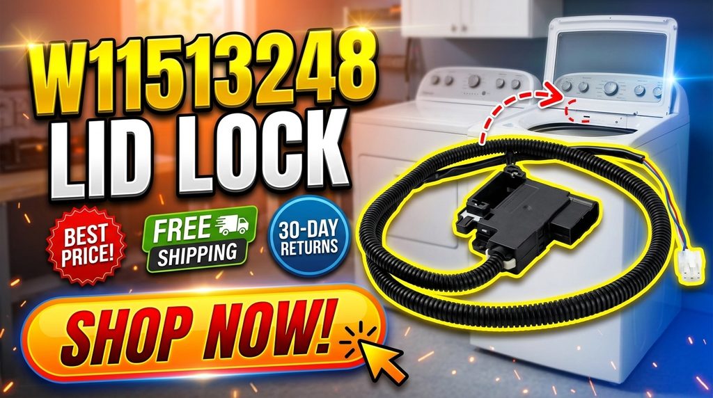 W11513248 Whirlpool washer lid lock switch, highlighting best price, free shipping, 30-day returns, and a Shop Now! call to action for eBay shoppers.