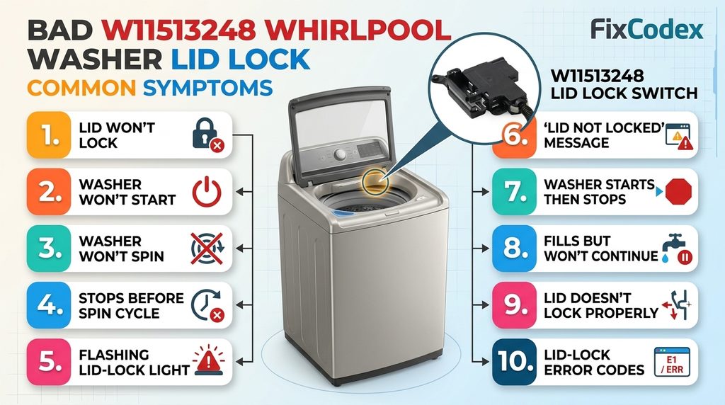 common symptoms of a bad W11513248 Whirlpool washer lid lock switch, including a lid that won't lock, washer won't start or spin, cycle interruptions, flashing lid-lock lights, and lid-lock-related error codes. Compatible with select Whirlpool, Crosley, and Maytag washers.
