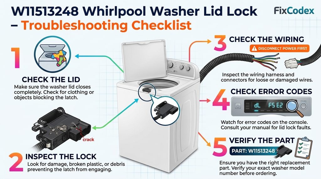 W11513248 Whirlpool washer lid lock switch, showing five basic checks: inspect the lid, examine the lock, check wiring, review error codes, and verify the replacement part for the exact washer model.